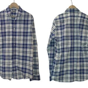 Express Button Front Shirt Blue White Plaid Fitted Long Sleeve Cotton Large L 16